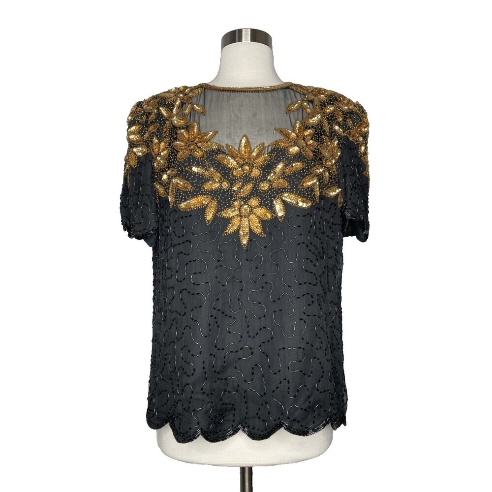 Vintage Denise Elle Top Women XL Black Beaded 100% SILK Gold Flower Short Sleeve